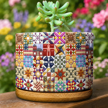 Sewing Lover Ceramic Plant Pot with Bamboo Tray Quilt Blocks