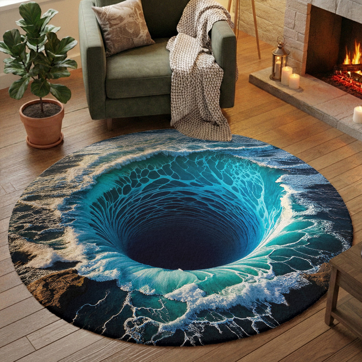 Ocean Round Rug Deep Sea Whirlpool Illusion