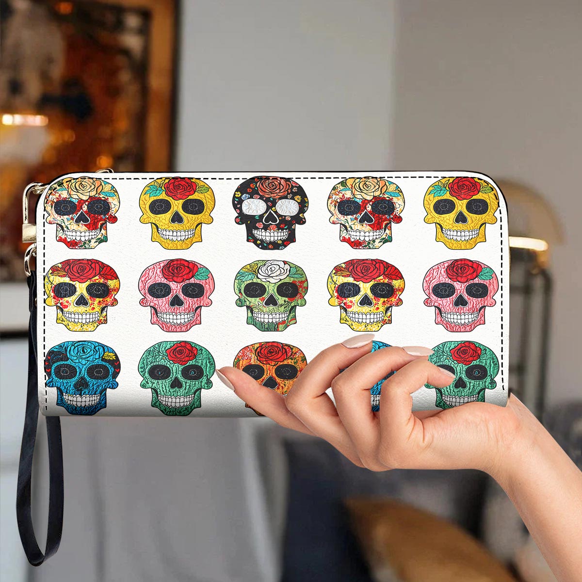 Sugar Skull Leather Wallet Colorful Rose Sugar Skulls