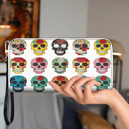 Sugar Skull Leather Wallet Colorful Rose Sugar Skulls