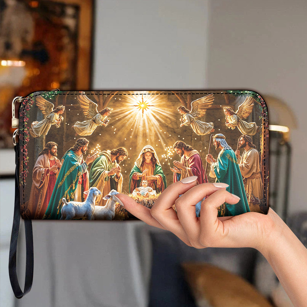 God Leather Wallet Divine Light at the Manger The Nativity Scene