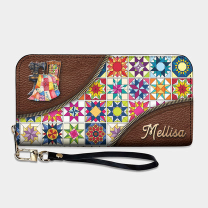 Sewing Lover Leather Wallet Personalized Colorful Quilt Blocks