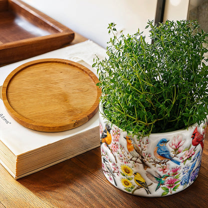 Bird Lovers Ceramic Plant Pot with Bamboo Tray Spring Birds Blossom Garden
