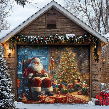 Christmas Garage Door Banner Decoration - Santa’s Cozy Workshop A Magical Christmas Eve with Elves and Gifts