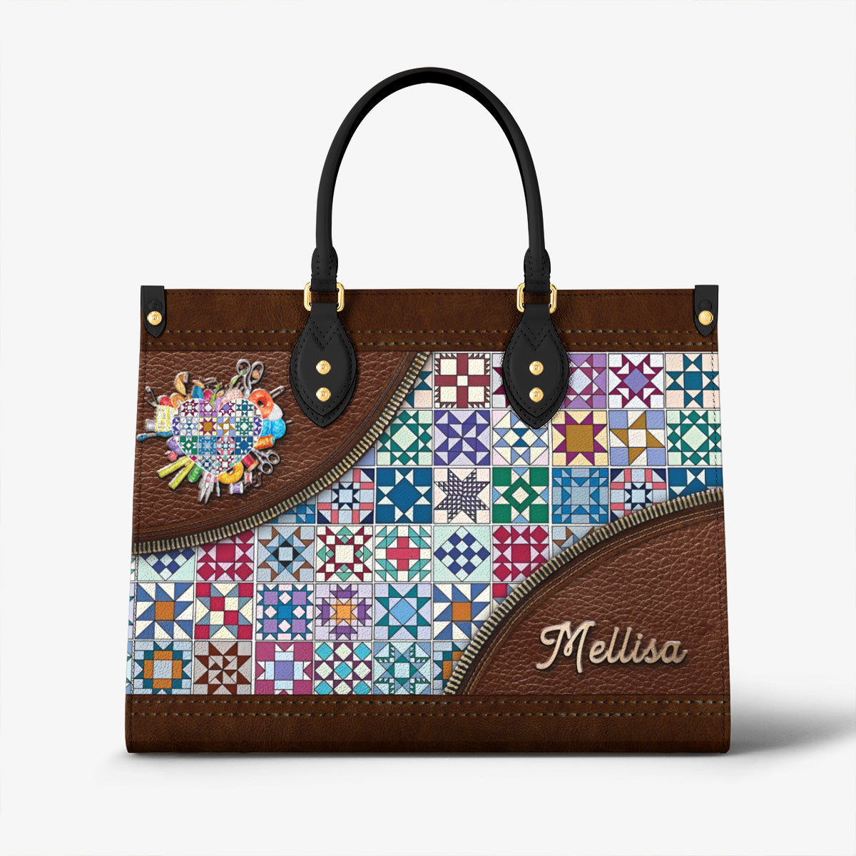 Sewing Lover Leather Handbag Personalized Traditional Quilt Blocks