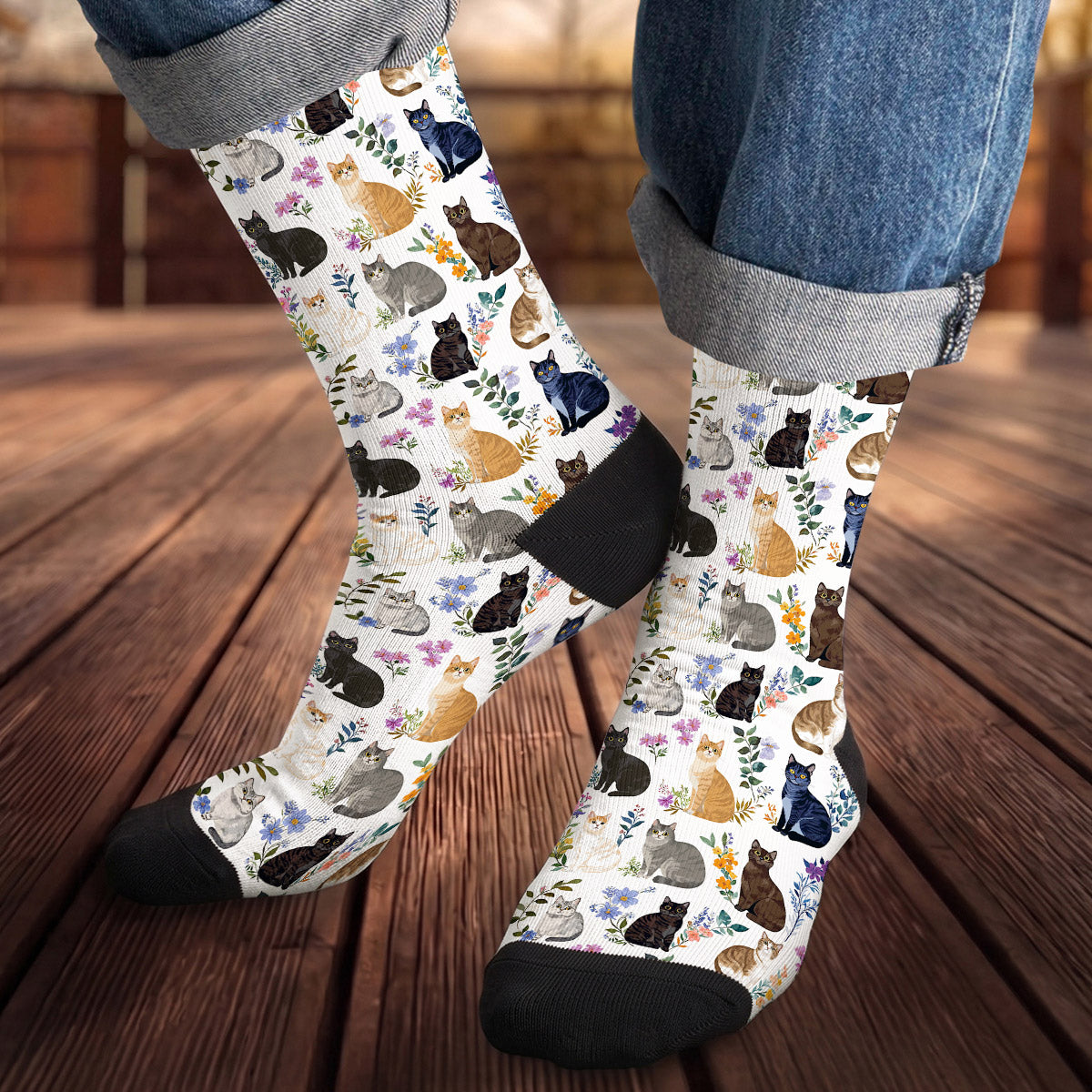 Cat Crew Socks Charming Floral Cats