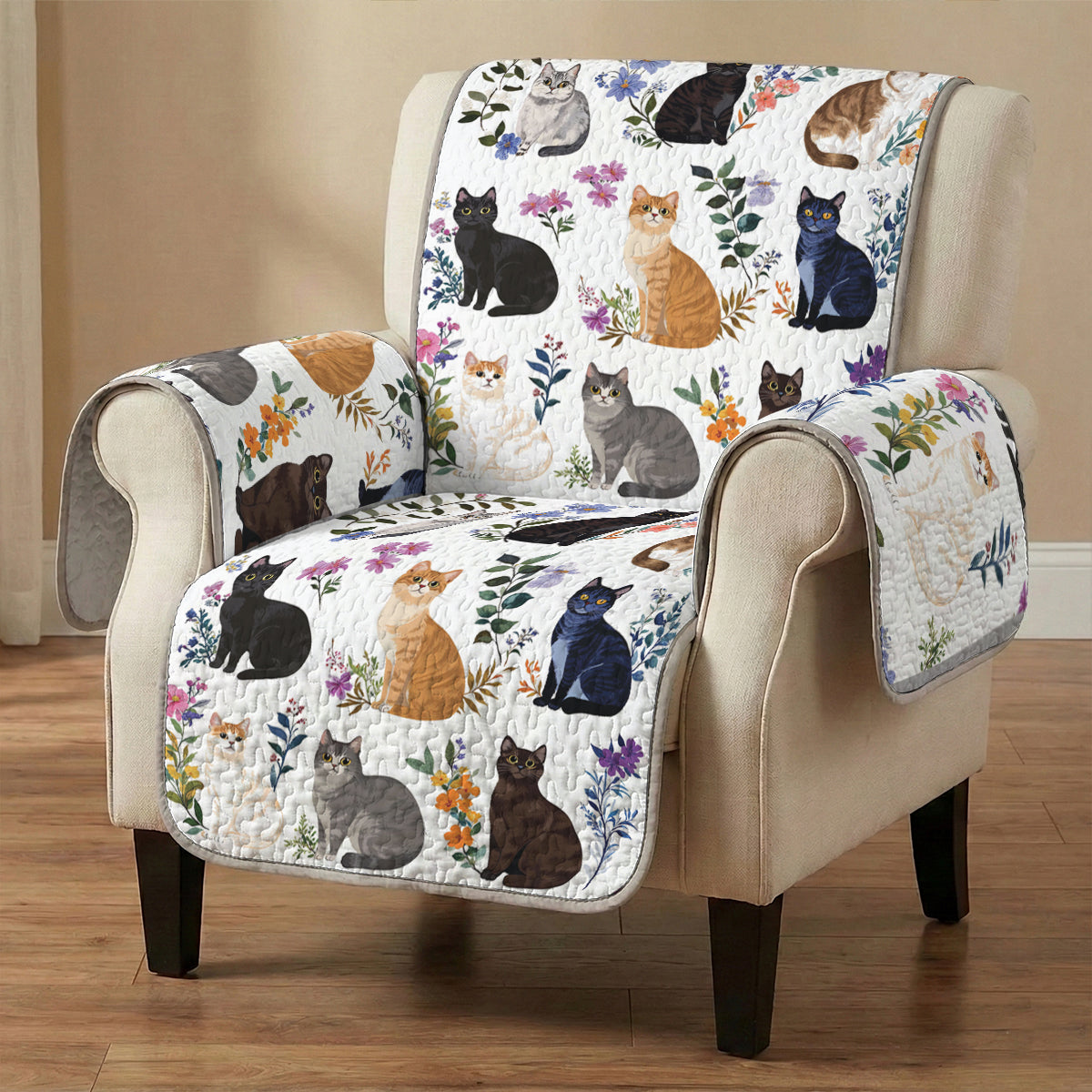 Cat Quilted Sofa Cover Charming Floral Cats