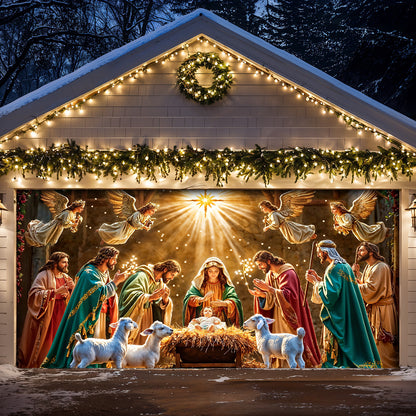 God Garage Door Banner Decoration - Divine Light at the Manger The Nativity Scene