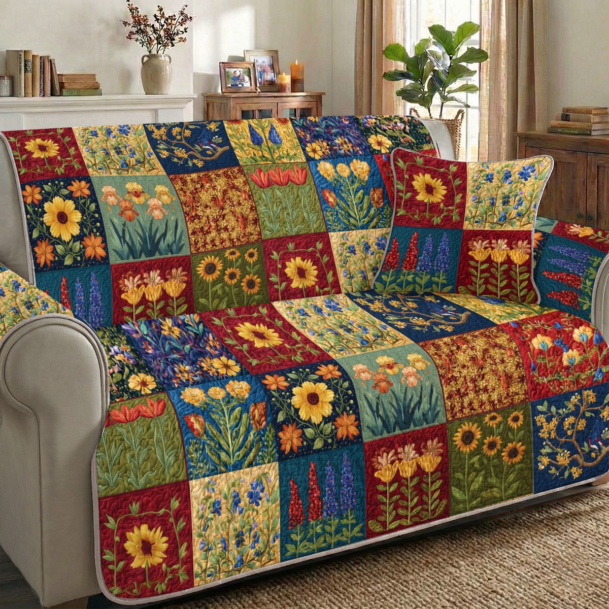 Rustic Bloom Quilted Sofa Cover
