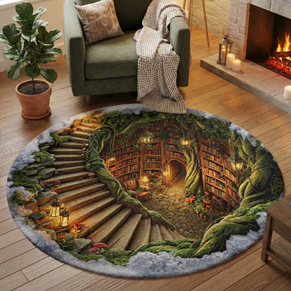Reading Round Rug Cozy Enchanted Library Hollow 3D Illusion Flat Print