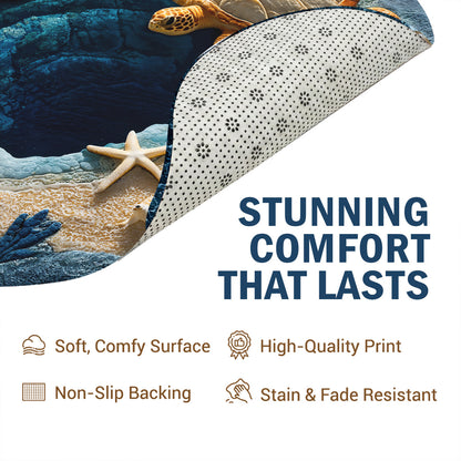 Sea Turtle Round Rug 3D Illusion Flat Print Ocean Calm Coastal Decor