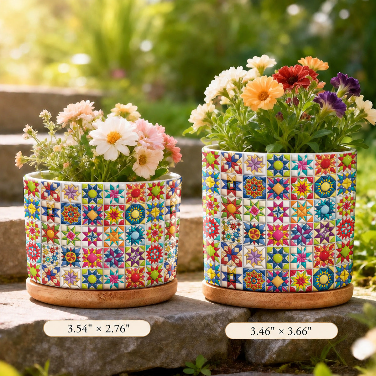 Sewing Lover Ceramic Plant Pot with Bamboo Tray Colorful Star Quilt Blocks
