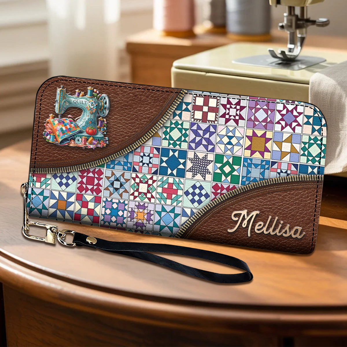 Sewing Lover Leather Wallet Personalized Traditional Quilt Blocks