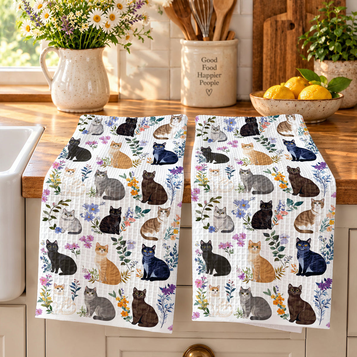 Cat Kitchen Towel Charming Floral Cats