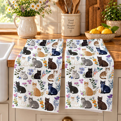 Cat Kitchen Towel Charming Floral Cats