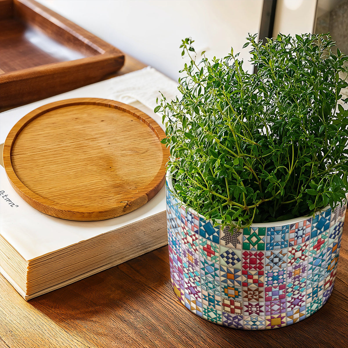 Sewing Lover Ceramic Plant Pot with Bamboo Tray Traditional Quilt Blocks