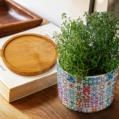 Sewing Lover Ceramic Plant Pot with Bamboo Tray Traditional Quilt Blocks