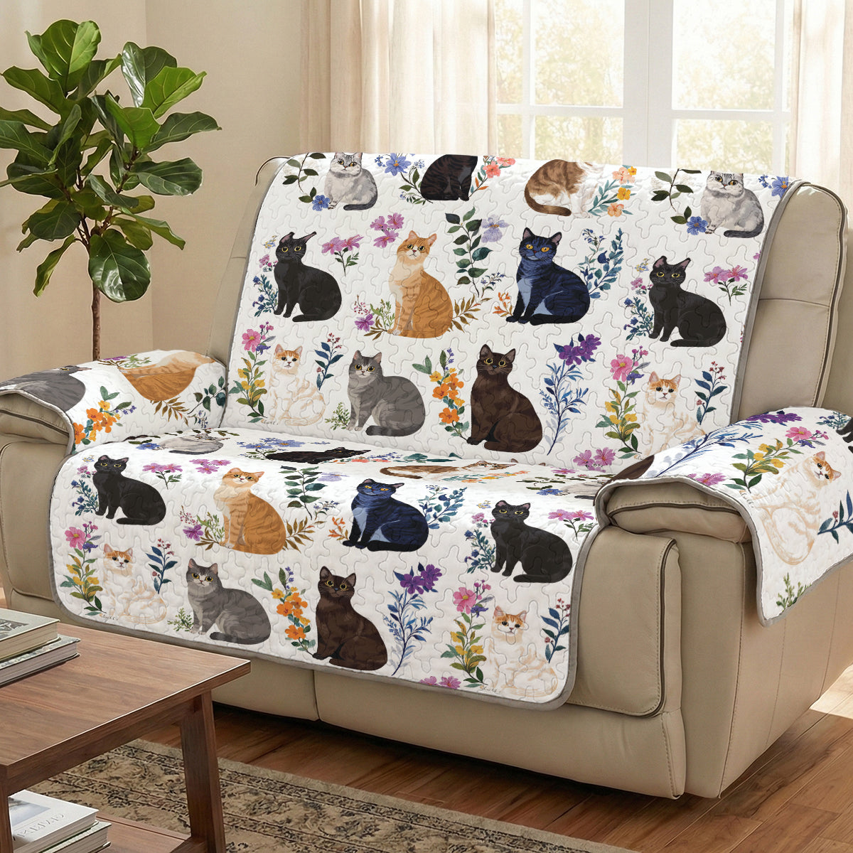 Cat Quilted Sofa Cover Charming Floral Cats