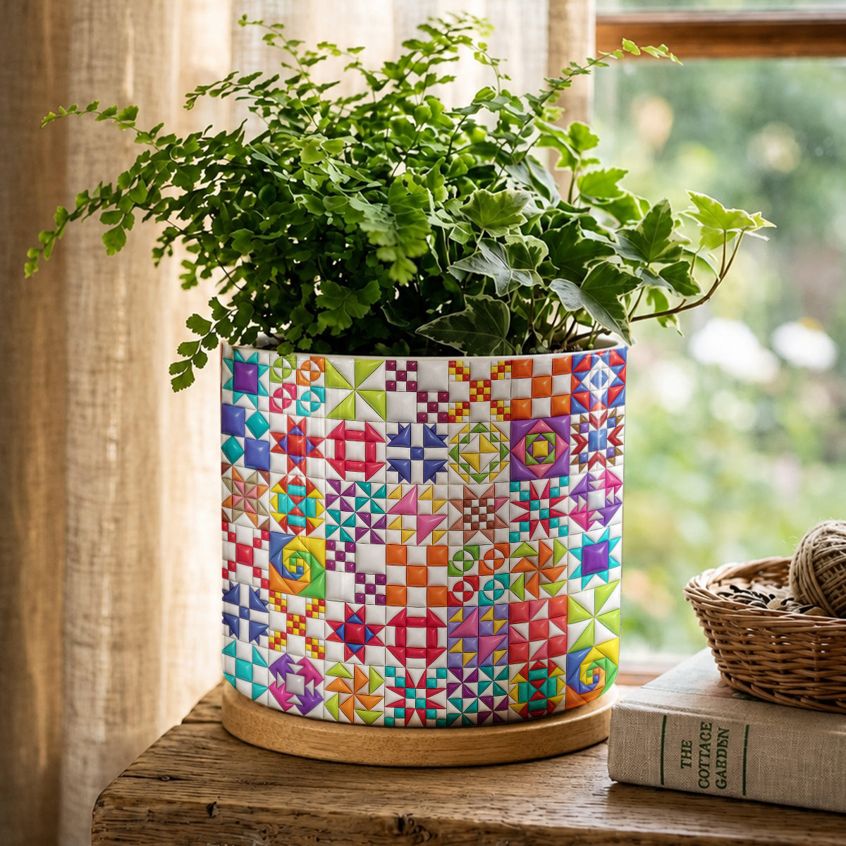 Sewing Lover Ceramic Plant Pot with Bamboo Tray Colorful Quilt Blocks