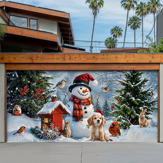 Christmas Garage Door Banner Decoration - Happy Snowman’s Woodland Companions
