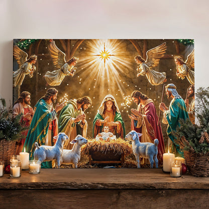 God Wooden-Framed Canvas Wall Art Divine Light at the Manger The Nativity Scene