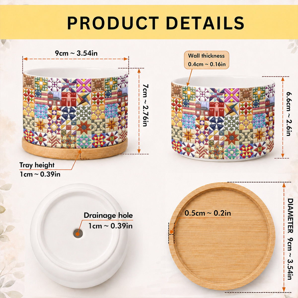 Sewing Lover Ceramic Plant Pot with Bamboo Tray Quilt Blocks