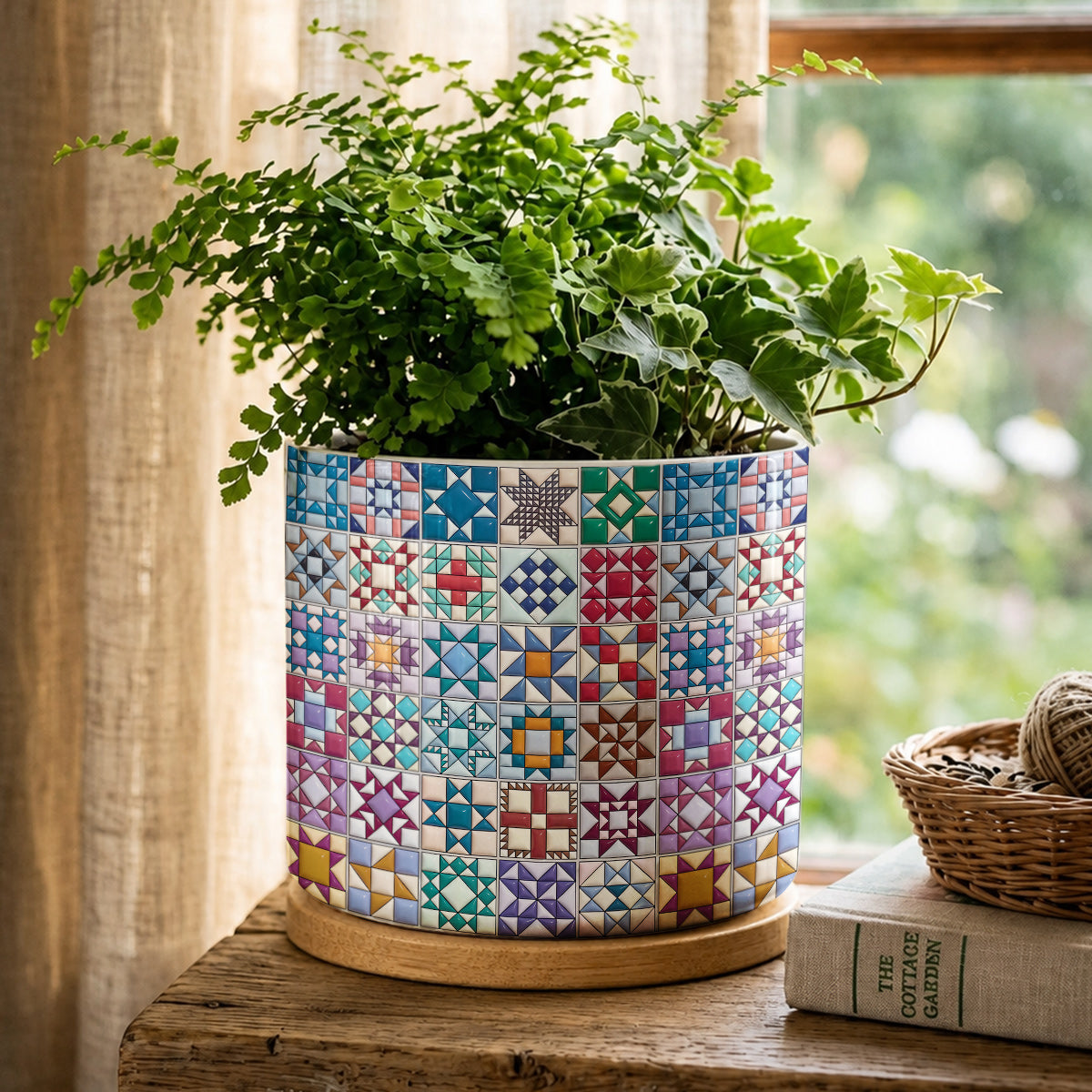 Sewing Lover Ceramic Plant Pot with Bamboo Tray Traditional Quilt Blocks