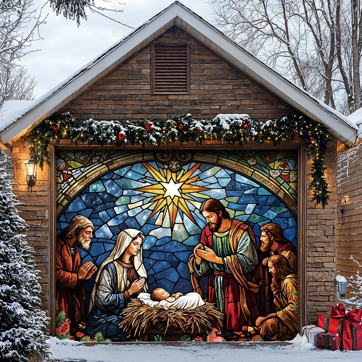 God Garage Door Banner Decoration - The Holy Night in Stained Glass