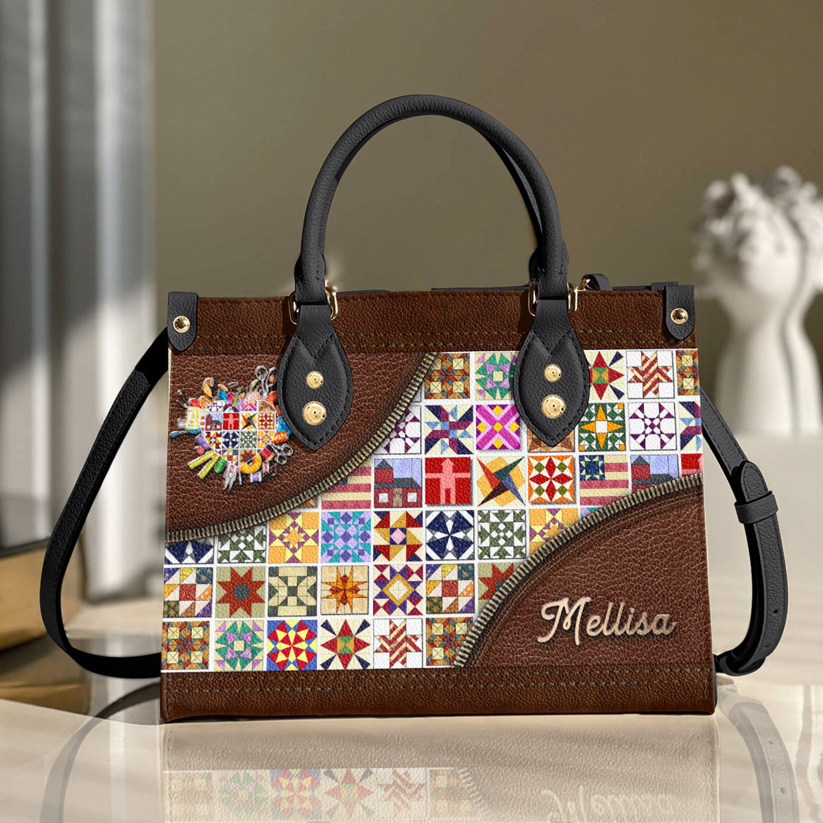 Sewing Lover Leather Handbag Personalized Quilt Blocks