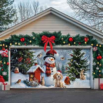 Christmas Garage Door Banner Decoration - Happy Snowman’s Woodland Companions