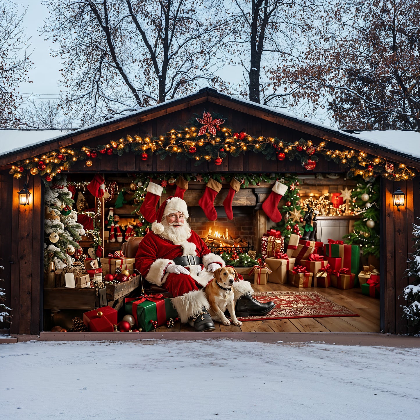 Christmas Garage Door Banner Decoration - Warm Wishes by the Fireplace