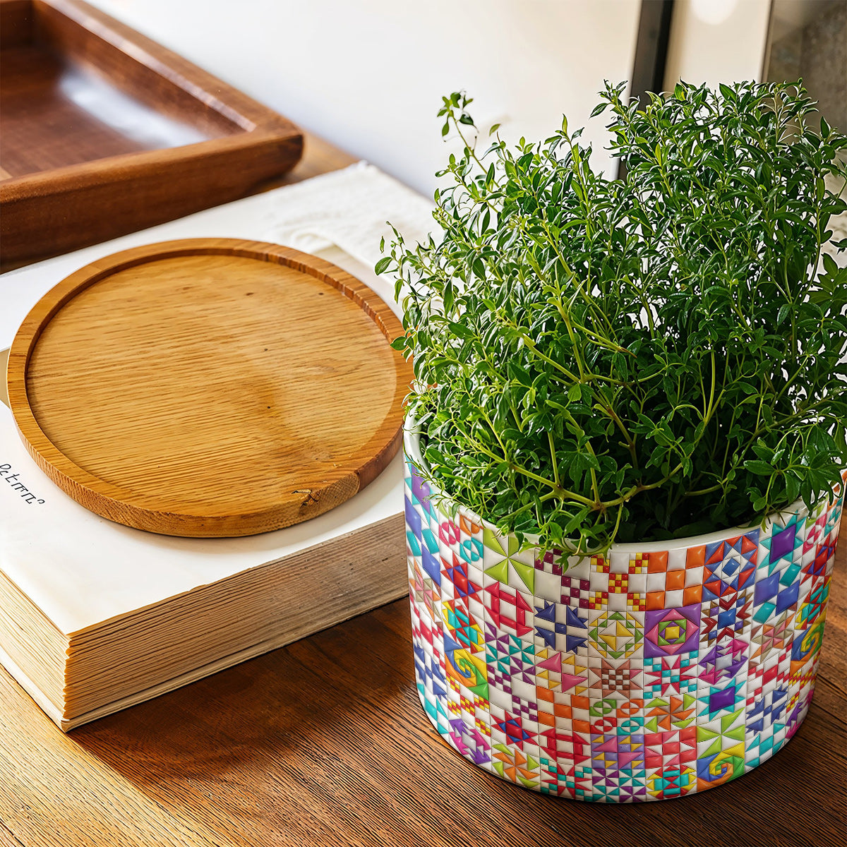 Sewing Lover Ceramic Plant Pot with Bamboo Tray Colorful Quilt Blocks
