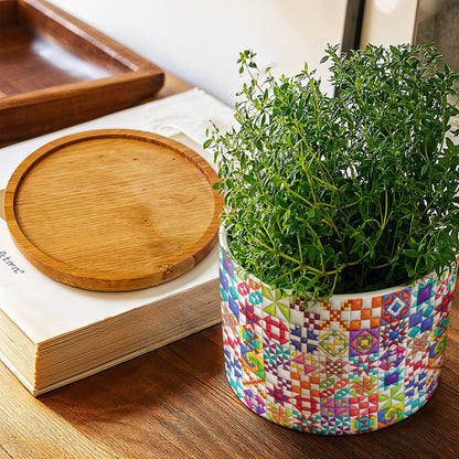 Sewing Lover Ceramic Plant Pot with Bamboo Tray Colorful Quilt Blocks