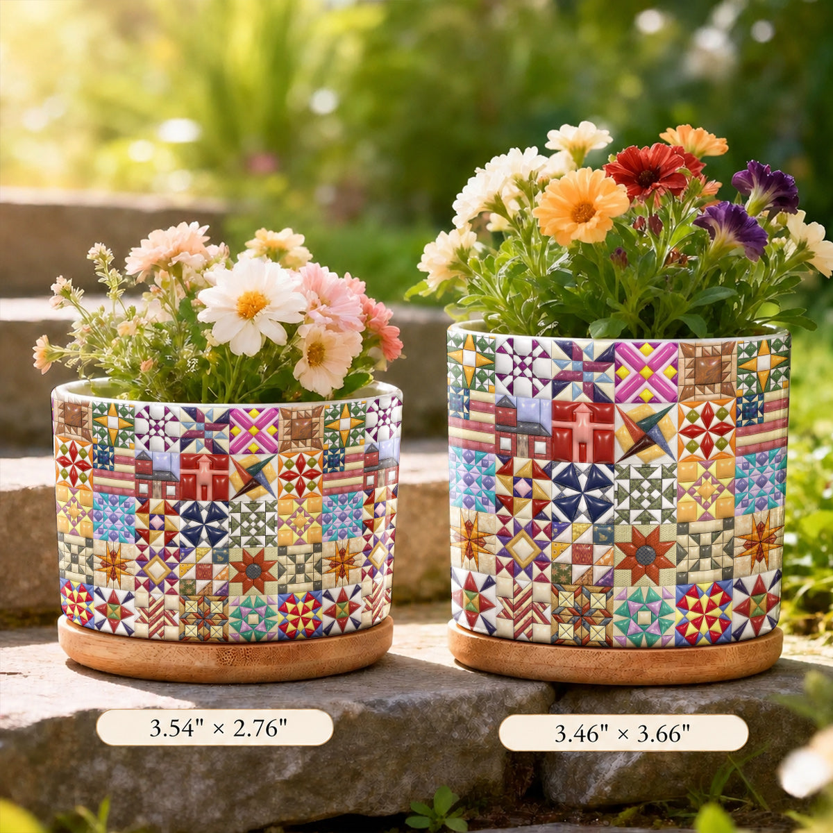 Sewing Lover Ceramic Plant Pot with Bamboo Tray Quilt Blocks