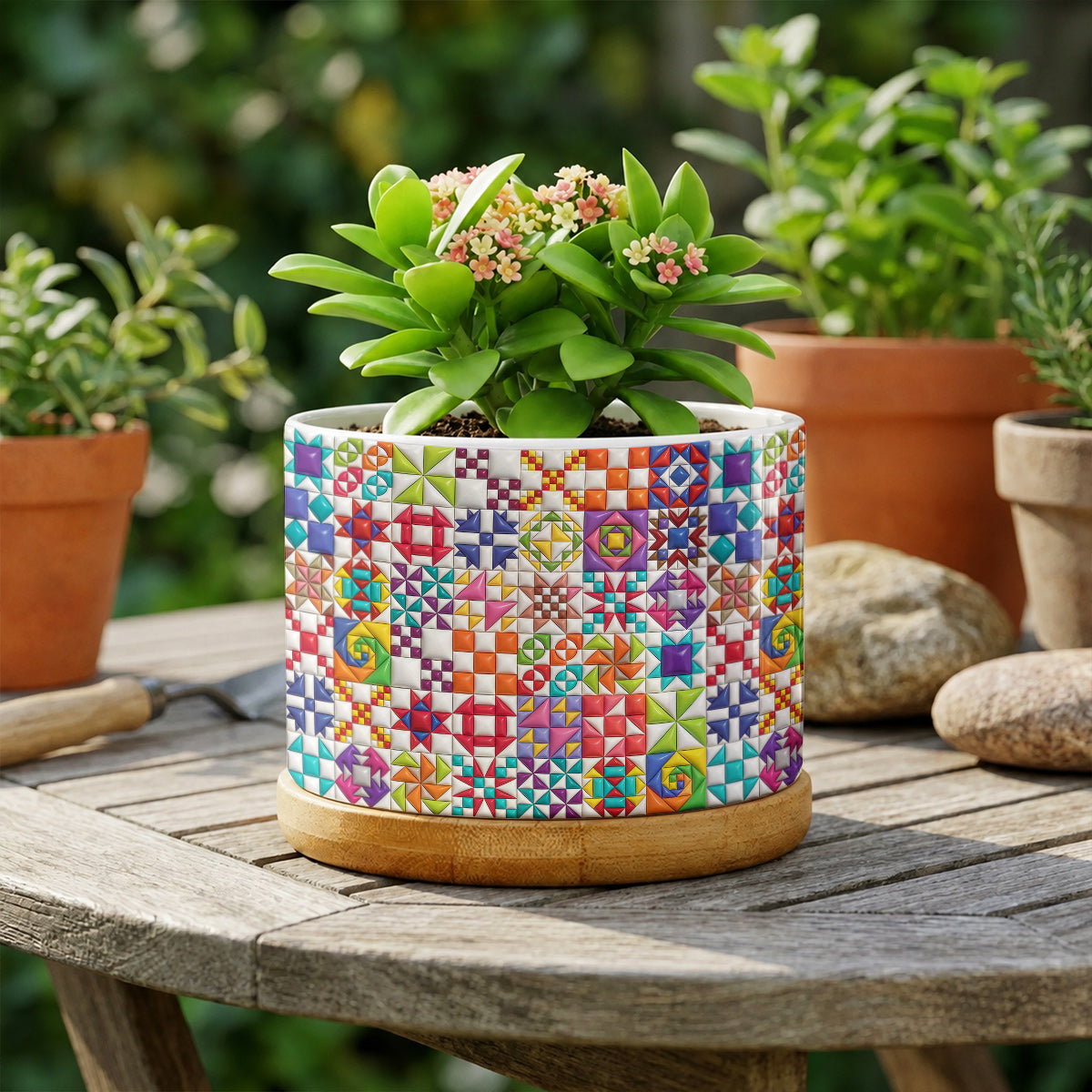 Sewing Lover Ceramic Plant Pot with Bamboo Tray Colorful Quilt Blocks