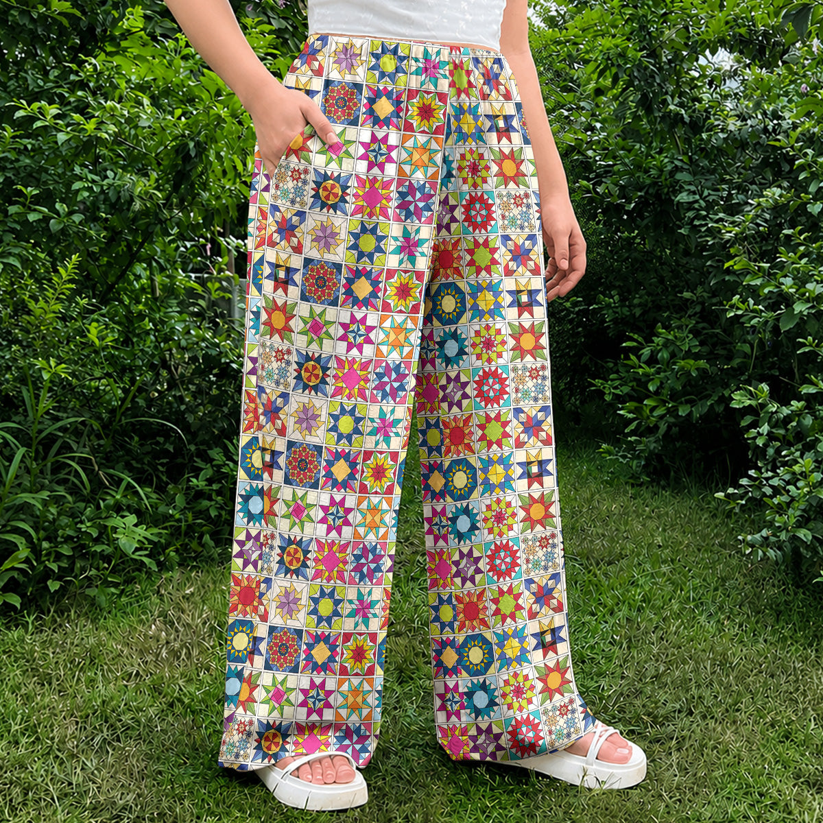 Sewing Lover Lounge Pants Colorful Star Quilt Blocks