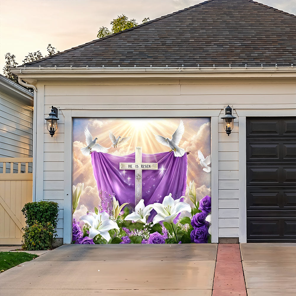 Christian Easter Garage Door Banner Decoration - 'He Is Risen' Resurrection in Bloom