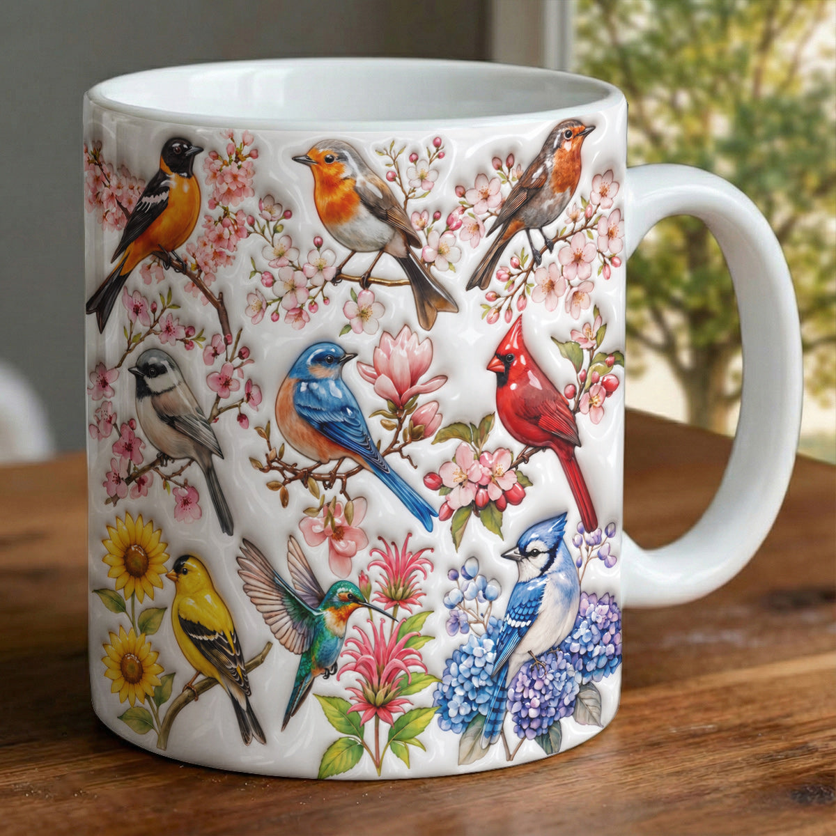 Bird Lovers Ceramic Mug Puffy Spring Birds Blossom Garden
