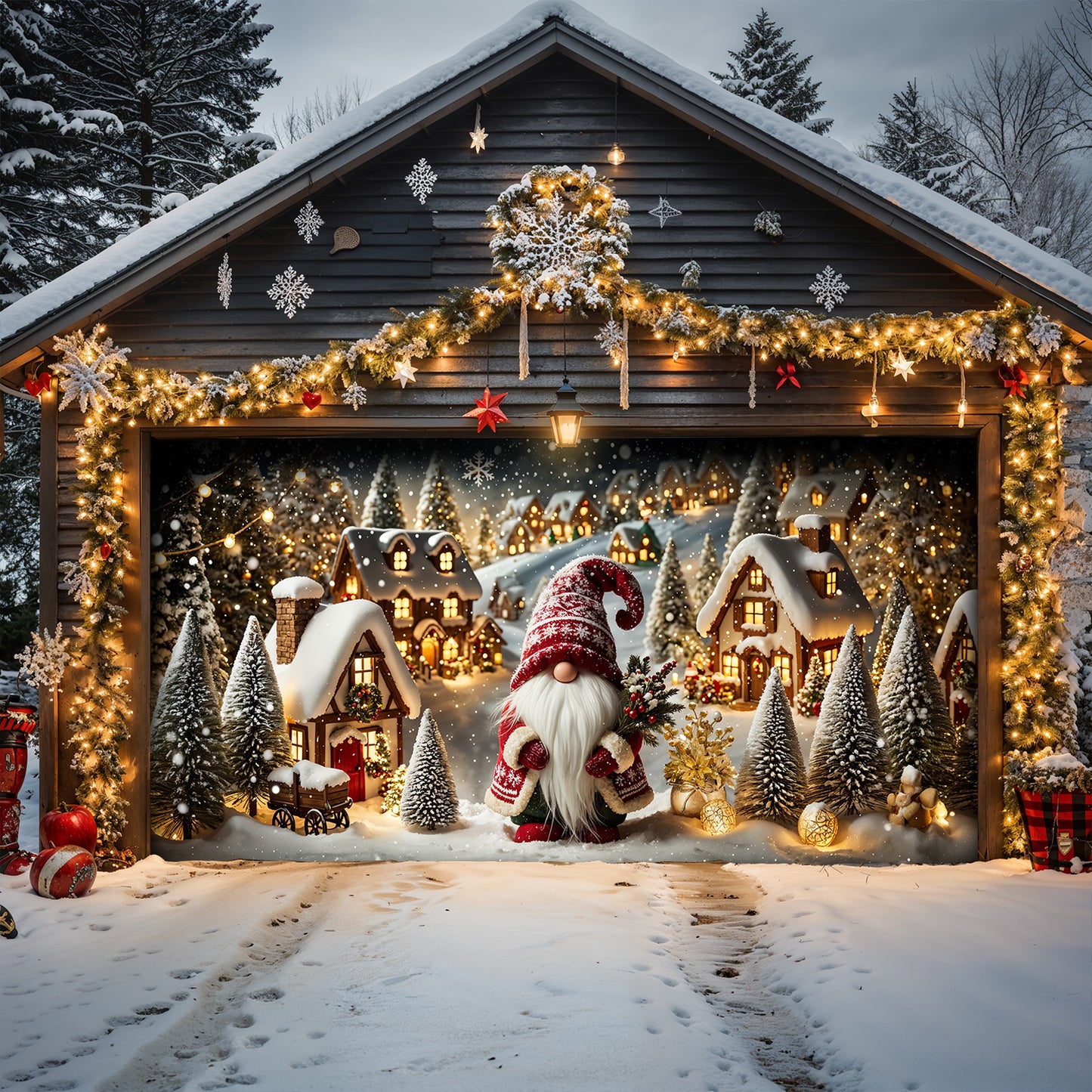 Christmas Garage Door Banner Decoration - Gnome of the Enchanted Christmas Village