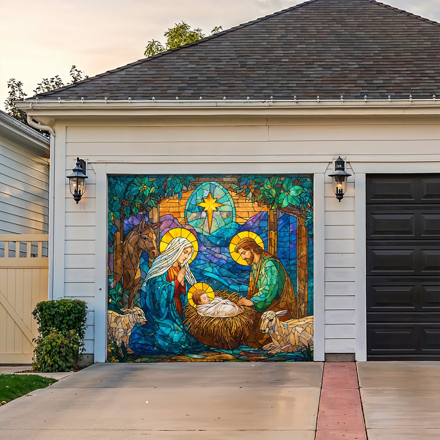 God Garage Door Banner Decoration Stained-Glass Nativity of Light