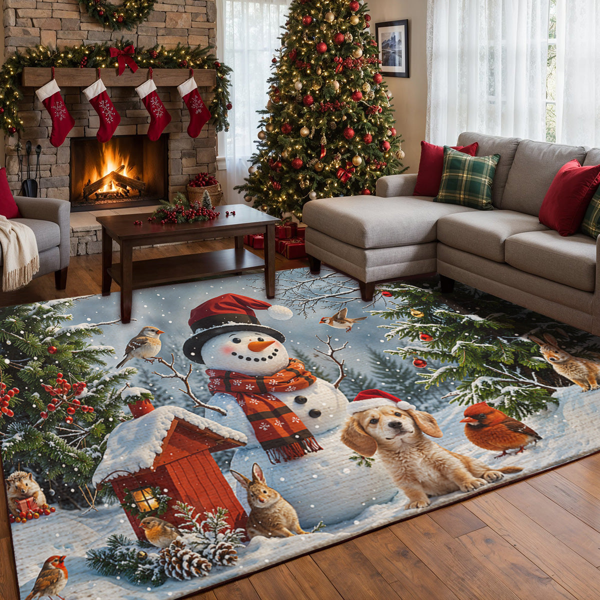 Christmas Area Rug Happy Snowman’s Woodland Companions