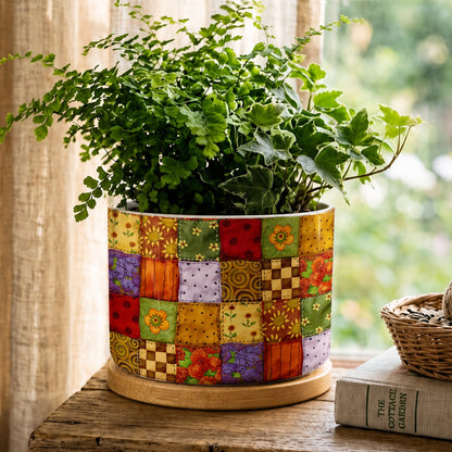 Autumn Quilt Blooms Ceramic Plant Pot with Bamboo Tray