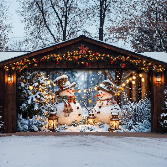 Christmas Garage Door Banner Decoration - Happy Snowmen’s Cozy Forest Glow