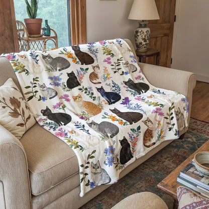 Cat Fleece Blanket Charming Floral Cats