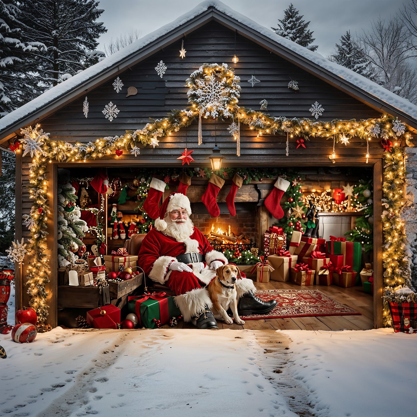 Christmas Garage Door Banner Decoration - Warm Wishes by the Fireplace