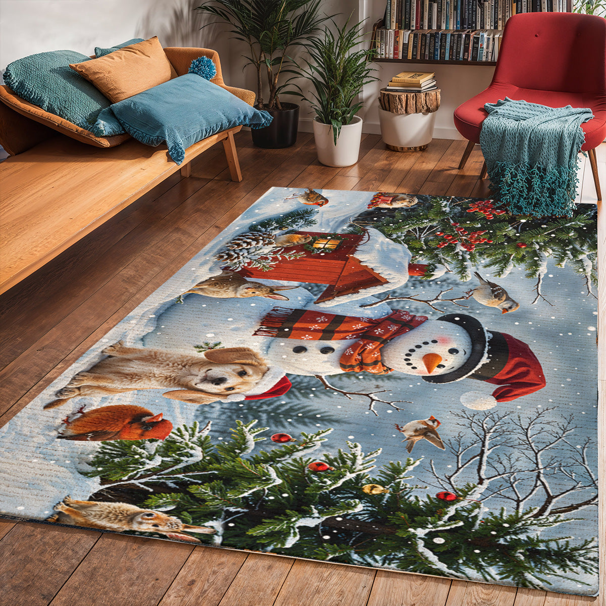 Christmas Area Rug Happy Snowman’s Woodland Companions