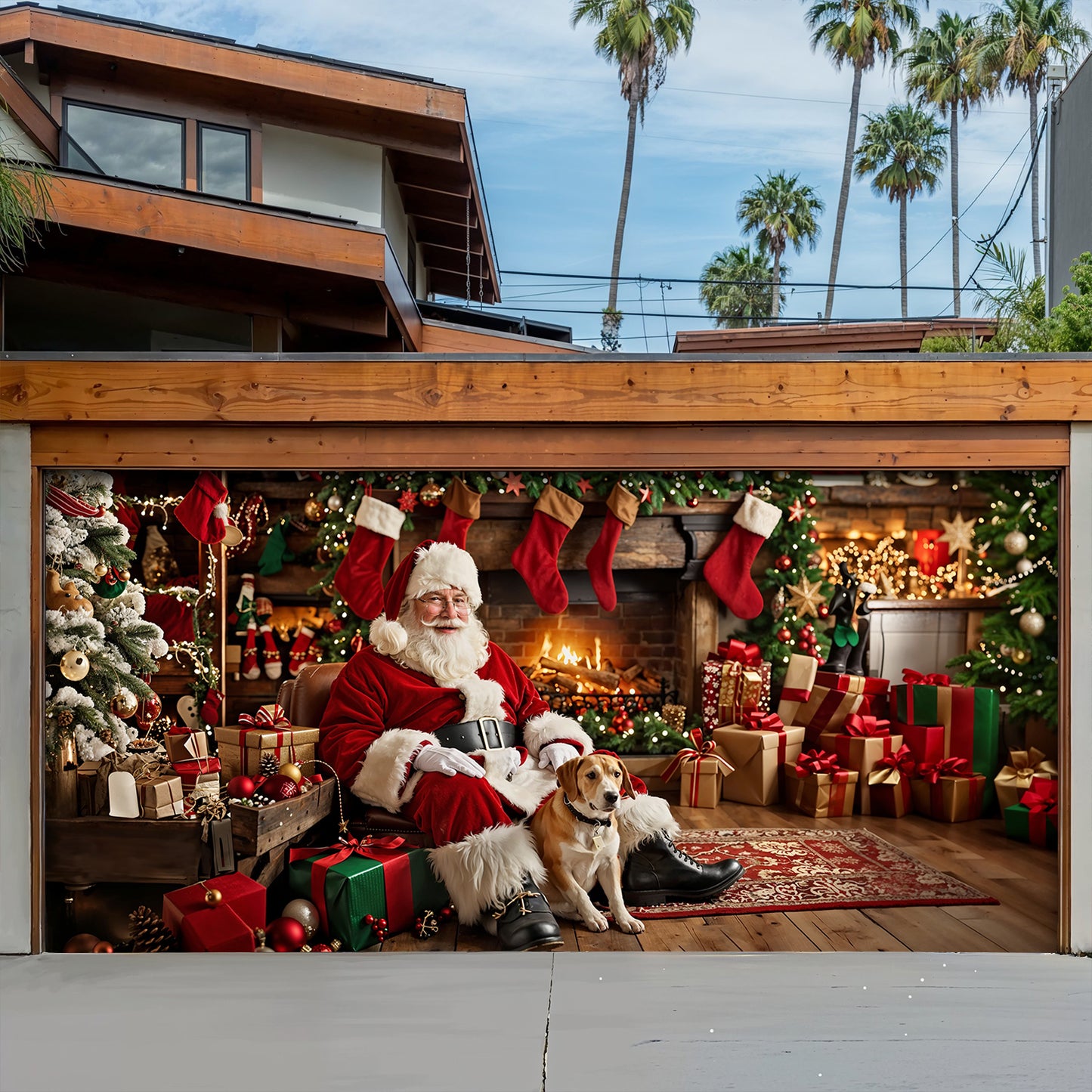 Christmas Garage Door Banner Decoration - Warm Wishes by the Fireplace
