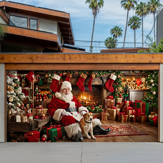 Christmas Garage Door Banner Decoration - Warm Wishes by the Fireplace