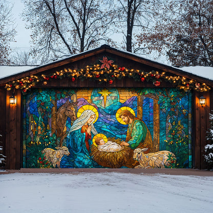 God Garage Door Banner Decoration Stained-Glass Nativity of Light