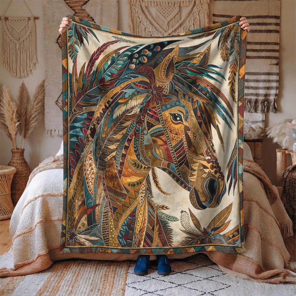 Boho Western Horse Fleece Blanket Harvest Wind Horse